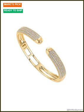 14k Gold Plated Cuff Bracelet with CZ Pave Setting and Hinge, 7 Inch Bangle